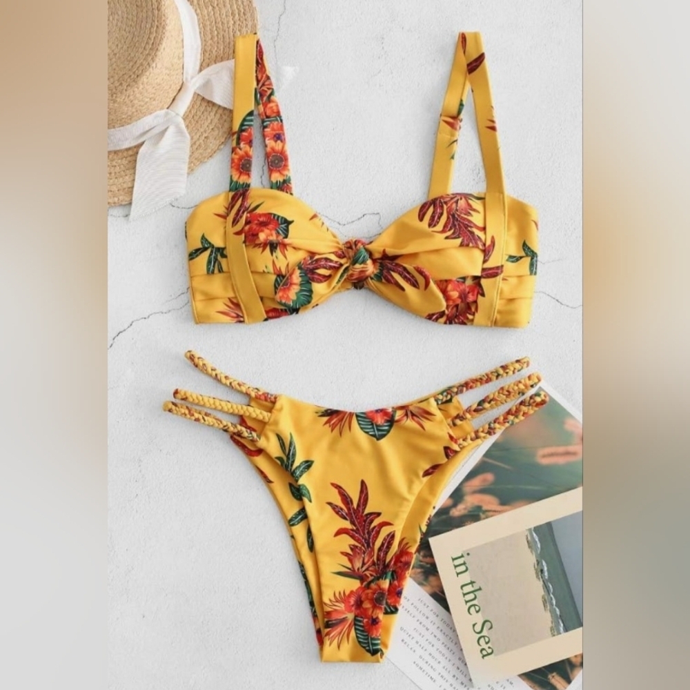 🌟NWOT Luxe Tropical Mustard Yellow Two Piece Bathing Suit Size L🌟 - Picture 2 of 8